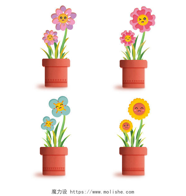 卡通花朵元素各种花朵盆栽植物PNG素材